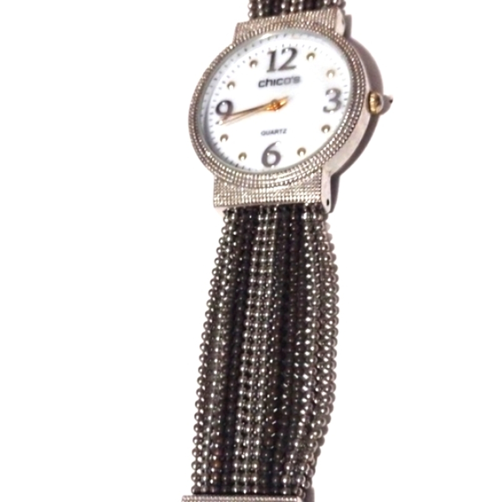 CHICO'S KERRIANNE ROUND FACE QUARTZ TINY BLACK AND SILVER BEADED BAND 7" WATCH - Picture 5 of 10